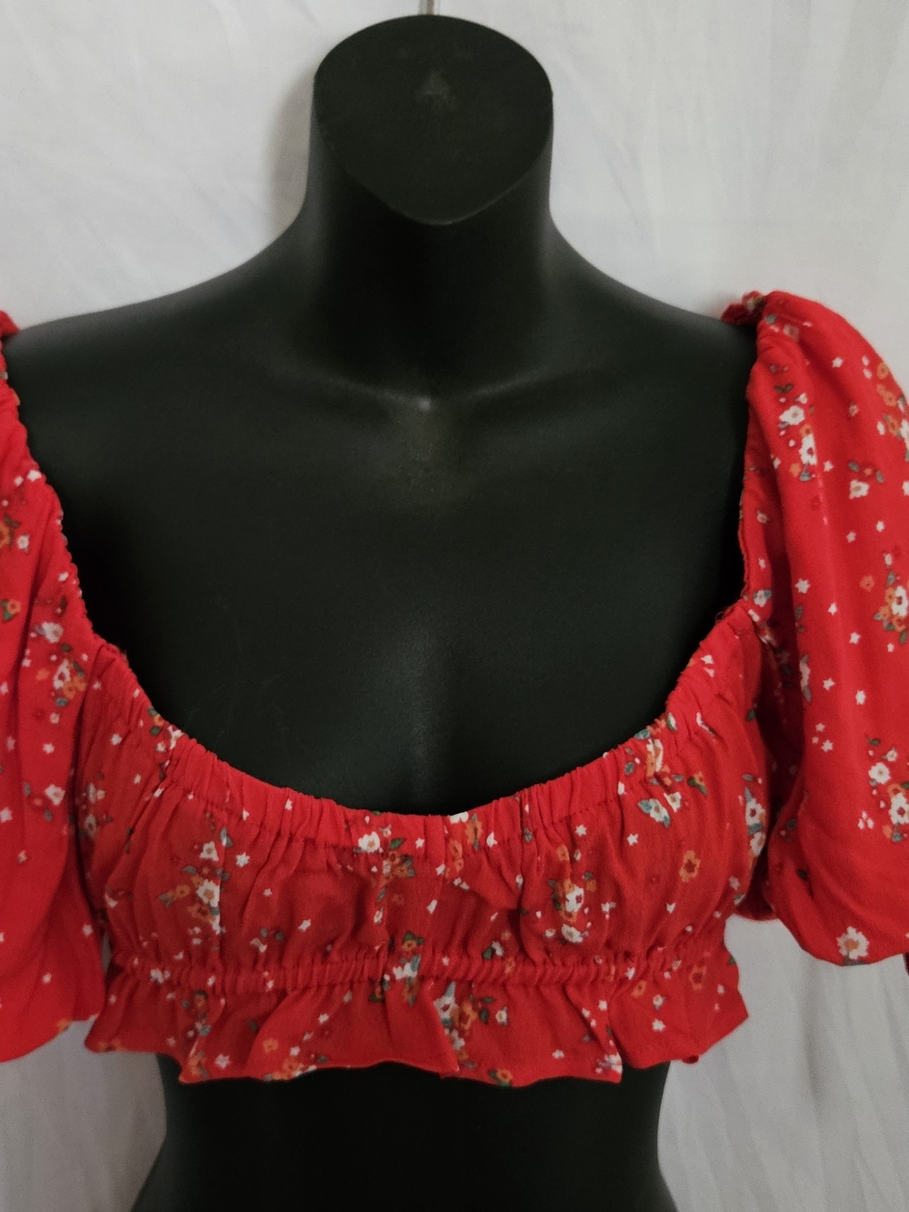 Olivaceous Red Floral Smocked Crop Top